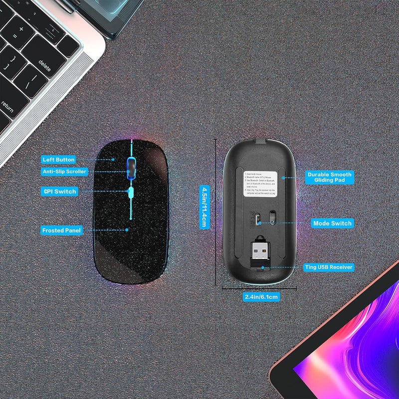AOLIKOKO فأرة بلوتوث لاسلكية قابلة لإعادة الشحن للكمبيوتر المحمول مع إضاءة LED، استخدام محمول (BT5.2 و USB 2.4G) اتصال مزدوج، فأرة كمبيوتر صامتة ونحيفة للكمبيوتر المحمول / جهاز iPad اللوحي / Apple MacBook / PC (أسود لؤلؤي) - Image 5
